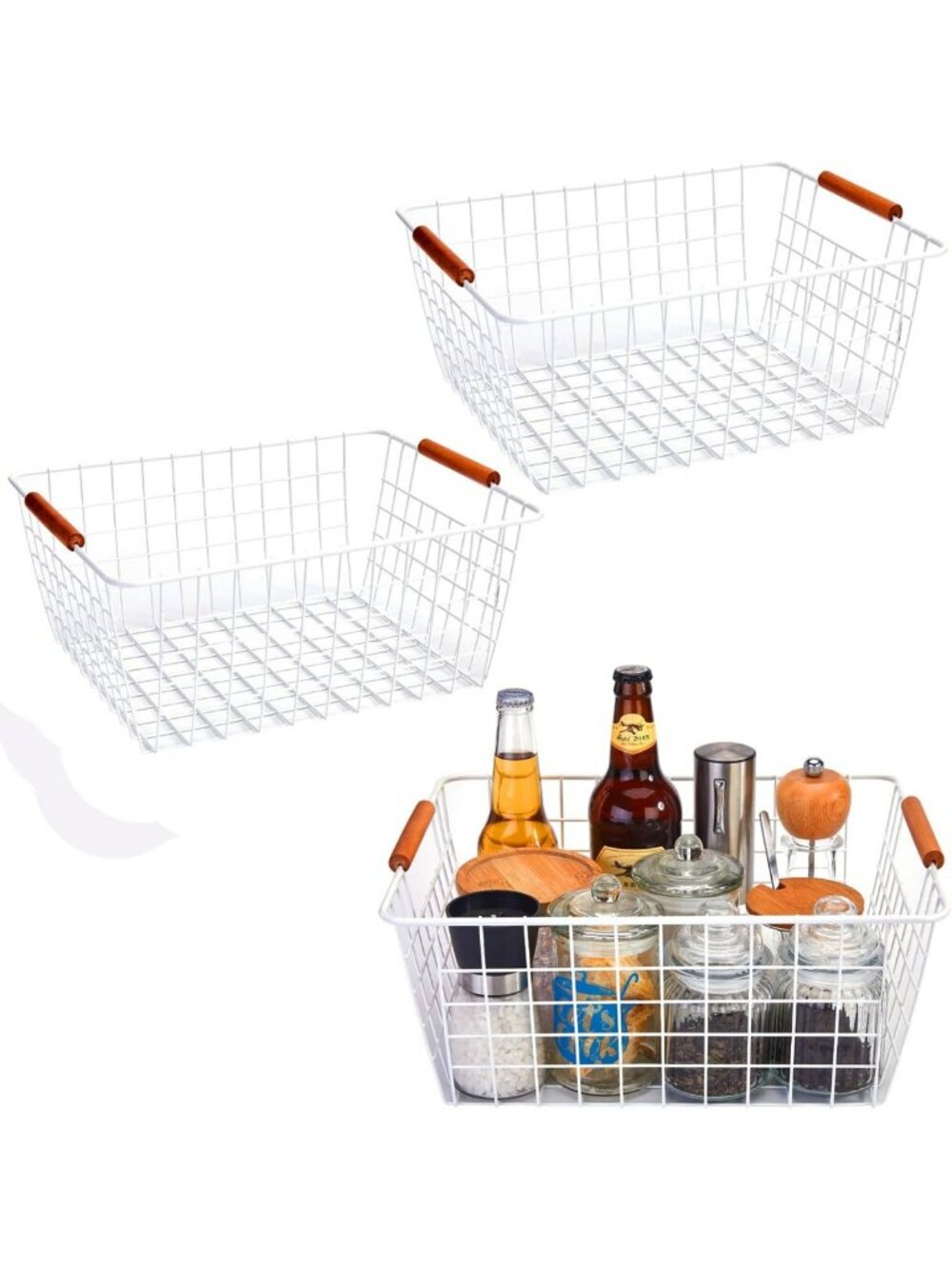 Set of 3 Large White Wire Storage Baskets with Wooden Handles for Home